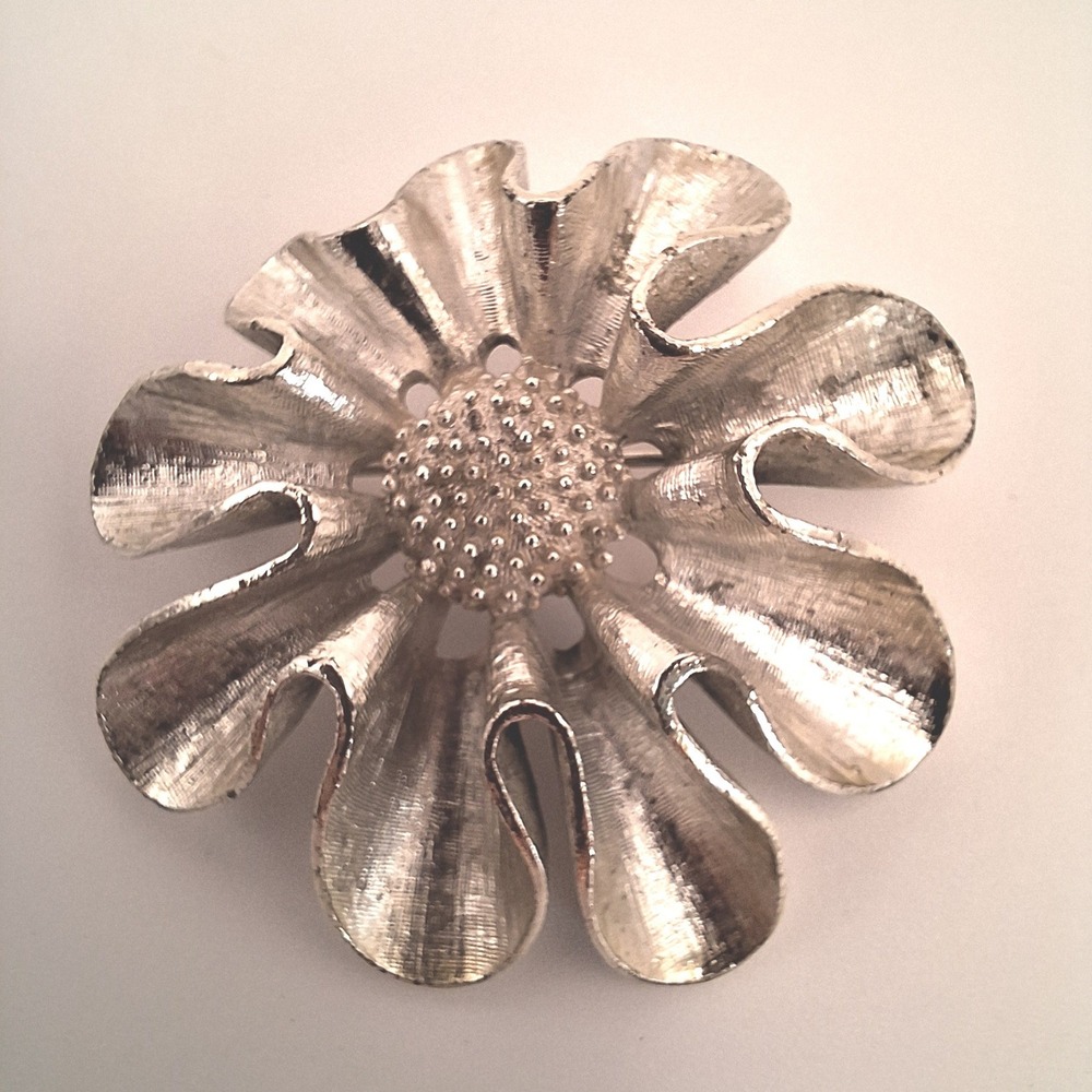 Vintage Coro flower brooch sculped brushed beaded center silver tone mid century